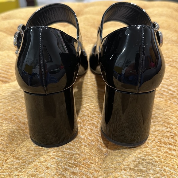 Prada Glossy Leather Block Heels with Silver Flower - Picture 6 of 11